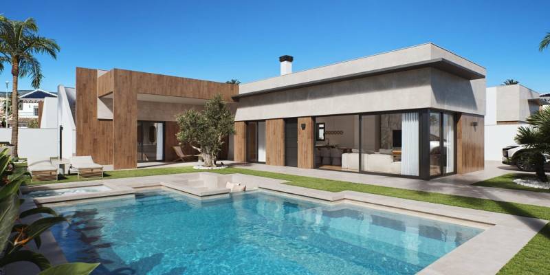 Neubau-Villa mit versunkener Sitzecke im Pool, Whirlpool, Dachterrasse und großem Grundstück