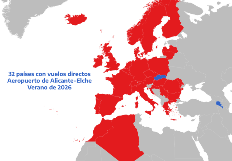 Der Flughafen Alicante-Elche wird im Sommer 2026 über 143 Ziele in 32 Ländern sowie über 32 stationierte Flugzeuge verfügen.